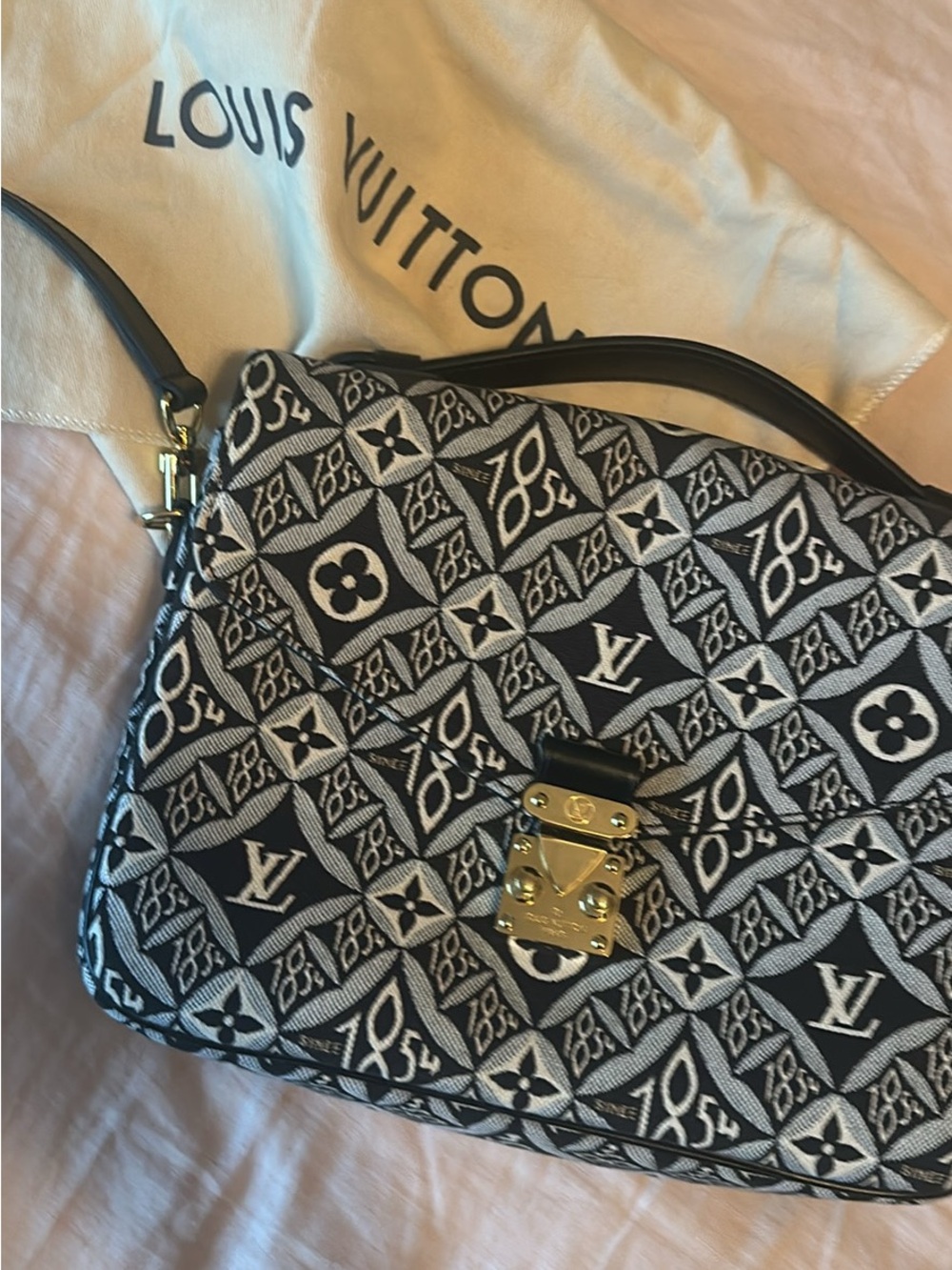 Louis Vuitton Black and White Monogram Shoulder Bag with Gold Hardware